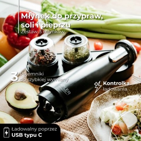AD 4449 black Młynek do przypraw, soli i pieprzu - zestaw 3 młynków - usb