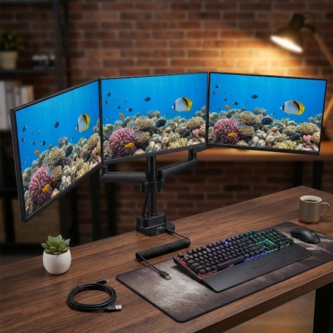 Uchwyt / wieszak biurkowy na 3 monitory LCD Maclean, VESA 75x75 oraz 100x100, 2x USB 3.0, 17-27", 3x7kg, MC-811
