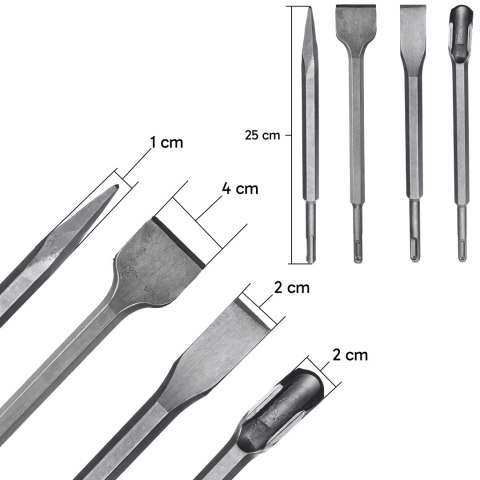 Dłuta do betonu zestaw 4x dłuto sds plus sds+ wysokogatunkowa stal