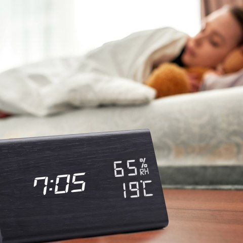 Zegar budzik elektroniczny cyforwy stojący temperatura higrometr czarny