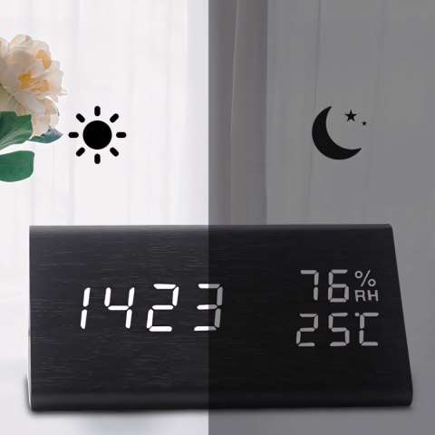 Zegar budzik elektroniczny cyforwy stojący temperatura higrometr czarny