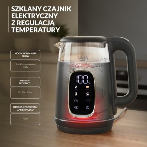 AD 1305 GS grey silver Czajnik elektryczny szklany regulacją temperatury 1,7l | led | 40100°c |
