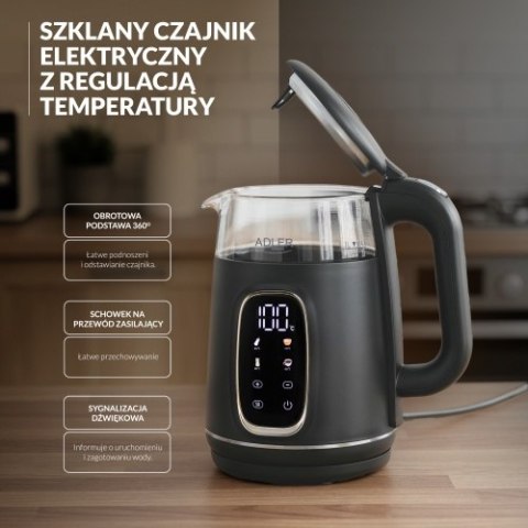 AD 1305 GS grey silver Czajnik elektryczny szklany regulacją temperatury 1,7l | led | 40100°c |