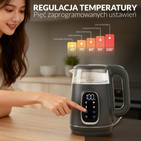 AD 1305 GS grey silver Czajnik elektryczny szklany regulacją temperatury 1,7l | led | 40100°c |