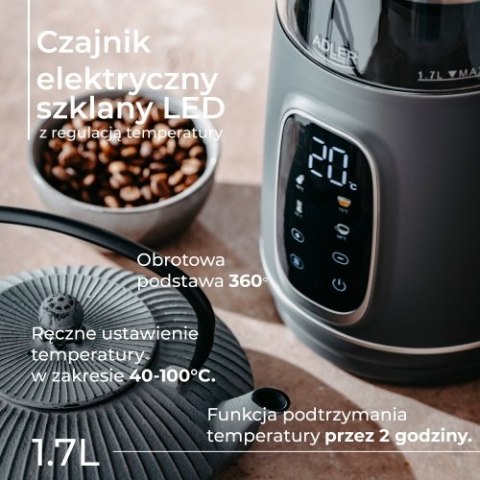 AD 1305 GS grey silver Czajnik elektryczny szklany regulacją temperatury 1,7l | led | 40100°c |