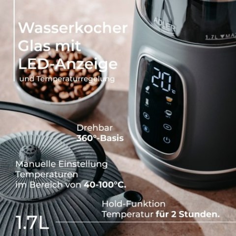 AD 1305 GS grey silver Czajnik elektryczny szklany regulacją temperatury 1,7l | led | 40100°c |