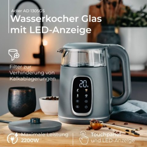 AD 1305 GS grey silver Czajnik elektryczny szklany regulacją temperatury 1,7l | led | 40100°c |