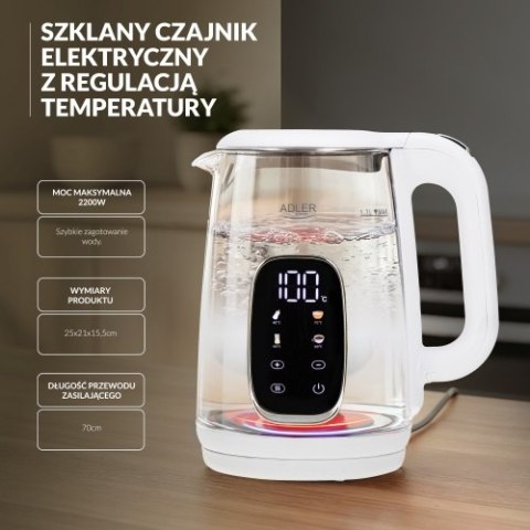 AD 1305 WS white silver Czajnik elektryczny szklany regulacją temperatury 1,7l | led | 40100°c |