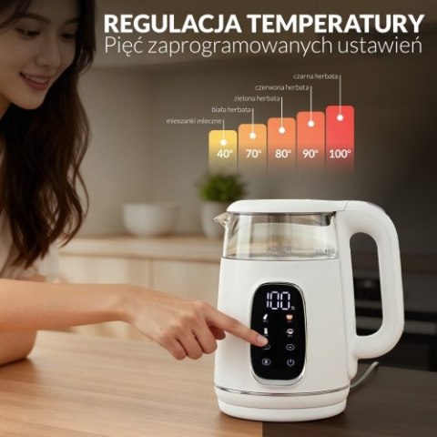 AD 1305 WS white silver Czajnik elektryczny szklany regulacją temperatury 1,7l | led | 40100°c |