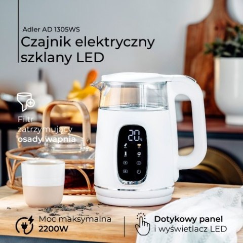 AD 1305 WS white silver Czajnik elektryczny szklany regulacją temperatury 1,7l | led | 40100°c |
