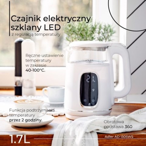 AD 1305 WS white silver Czajnik elektryczny szklany regulacją temperatury 1,7l | led | 40100°c |