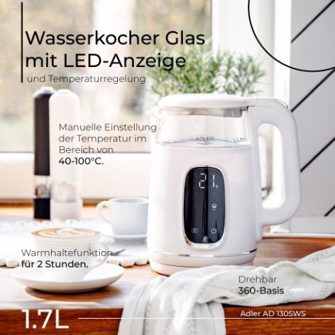 AD 1305 WS white silver Czajnik elektryczny szklany regulacją temperatury 1,7l | led | 40100°c |