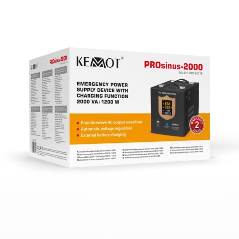 Zasilacz awaryjny KEMOT PROsinus-2000 przetwornica z czystym przebiegiem sinusoidalnym i funkcją ładowania 12V 230V 2000VA/1200