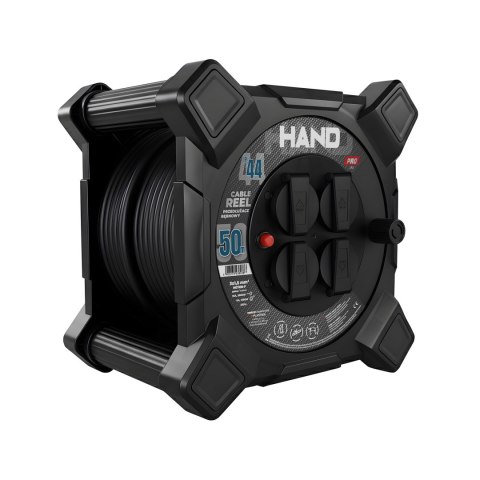 Przedłużacz bębnowy kwadratowy linia hand pro; 4x2p+z; ip44; 16a; h07rn-f; 3×1,5; 50m; czarny