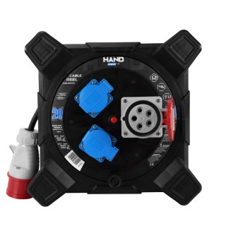 Przedłużacz bębnowy kwadratowy linia hand pwr; 4p+z; 2x2p+z; ip44; 16a;400v; h07rn-f; 5×2,5; 20m;schuko; czarny