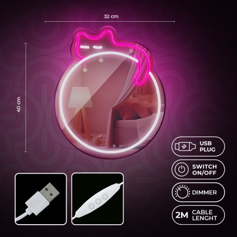 Neon mirror led śpiący kot róż biały fmne03