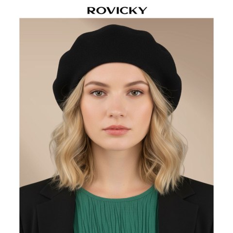 Ciepły, czarny beret damski wykonany z akrylu - Rovicky