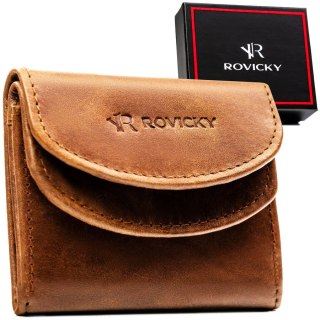 Mały, brązowy, skórzany portfel męski zamykany zatrzaskiem - Rovicky