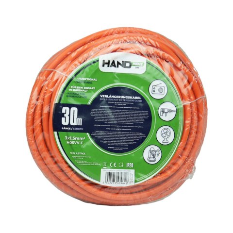 Przedłużacz jednogniazdowy schuko; ip20; 16a; h05vv-f ; 3×1,5; 30m; pomarańczowy; hand home