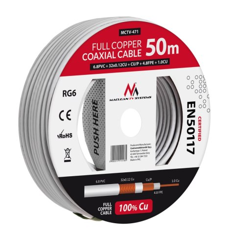 Kabel koncentryczny Maclean, Przewód antenowy satelitarny, RG6 1.02CU+4.8FPE+CU/P+32*0.12CU+6.8PVC, 50M, MCTV-471
