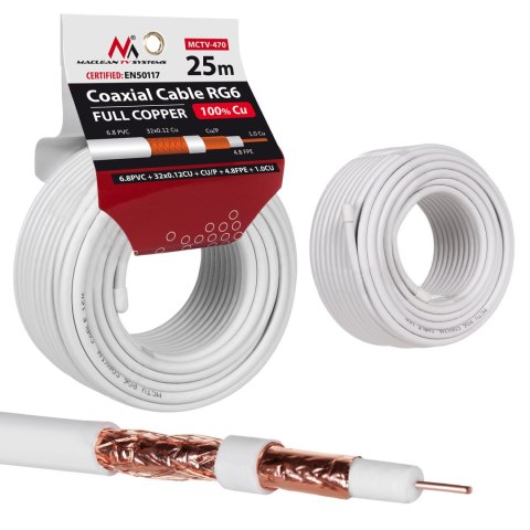 Kabel koncentryczny Maclean, Przewód antenowy satelitarny, RG6 1.02CU+4.8FPE+CU/P+32*0.12CU+6.8PVC, 25M, MCTV-470