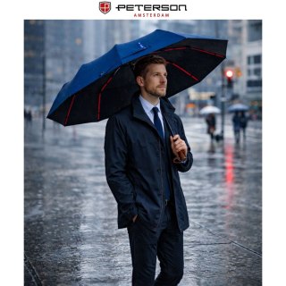 Niebieski, duży, elegancki i składany parasol w pokrowcu - Peterson