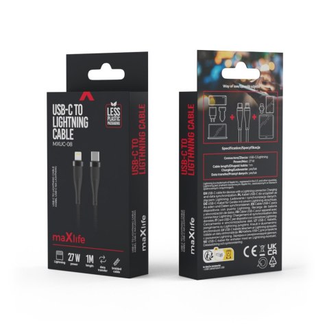 Maxlife kabel mxuc-08 usb-c - lightning 1,0 m 27w czarny nylonowy