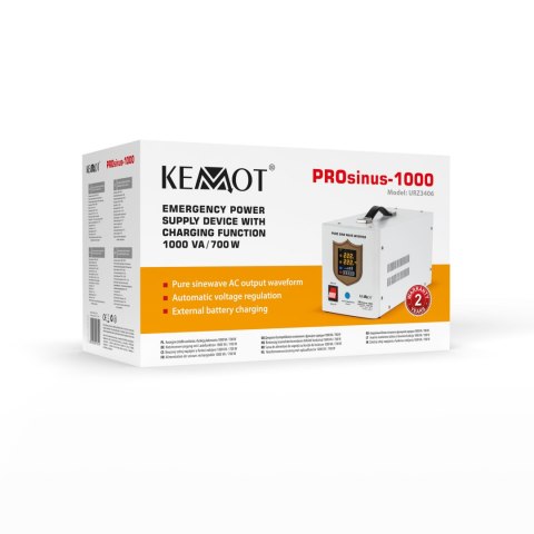 Zasilacz awaryjny KEMOT PROsinus-1000 przetwornica z czystym przebiegiem sinusoidalnym i funkcją ładowania 12V 230V 1000VA/700W