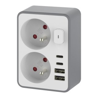 Rozgałęźnik 2x 2P+Z, z ładowarką 2x USB-A + 2x USB-C, max. 3,4 A, 17 W, biało-szary