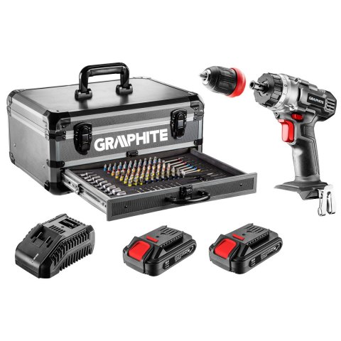 Zestaw Energy+ w walizce aluminiowej: wiertarko wkrętarka 18V 10mm, akumulator 2x2Ah, 109 akcesoriów