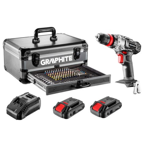 Zestaw Energy+ w walizce aluminiowej: wiertarko wkrętarka 18V 10mm, akumulator 2x2Ah, 109 akcesoriów