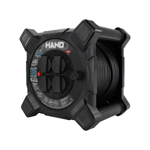 Przedłużacz bębnowy kwadratowy linia HAND PRO; 4x2p+Z; IP44; 16A; H07RN-F; 31,5; 25m; CZARNY