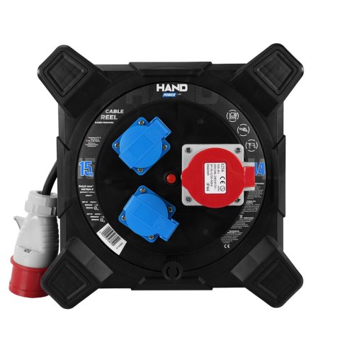 Przedłużacz bębnowy kwadratowy linia HAND PWR; 4P+Z; 2x2p+Z; IP44; 16A;400V; H07RN-F; 52,5; 15m;SCHUKO; CZARNY