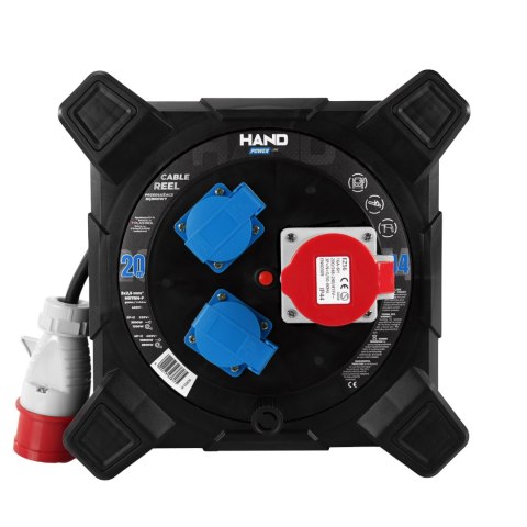 Przedłużacz bębnowy kwadratowy linia HAND PWR; 4P+Z; 2x2p+Z; IP44; 16A;400V; H07RN-F; 52,5; 20m; CZARNY