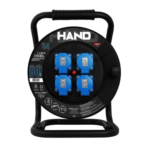 Przedłużacz bębnowy linia HAND PRO; 3x(2p+Z) +1x(USB-A;USB-C); IP44; 16A; H05RR-F; 31,5; 50m; CZARNY