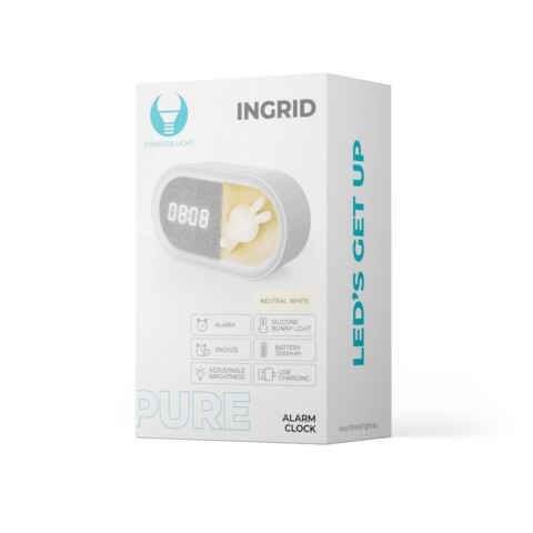 Budzik z nocnym króliczkiem led pure fnl-05 ingrid biały podłużny, 1200 mah forever light