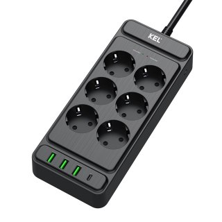 Listwa przepięciowa, 6 gniazd 2p+z oraz gniazdami usb a, usb c, 2m, schuko ; kel