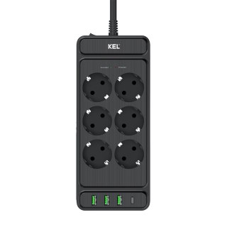 Listwa przepięciowa, 6 gniazd 2p+z oraz gniazdami usb a, usb c, 2m, schuko ; kel