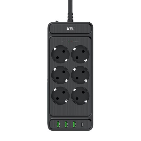 Listwa przepięciowa, 6 gniazd 2p+z oraz gniazdami usb a, usb c, 2m, schuko ; kel