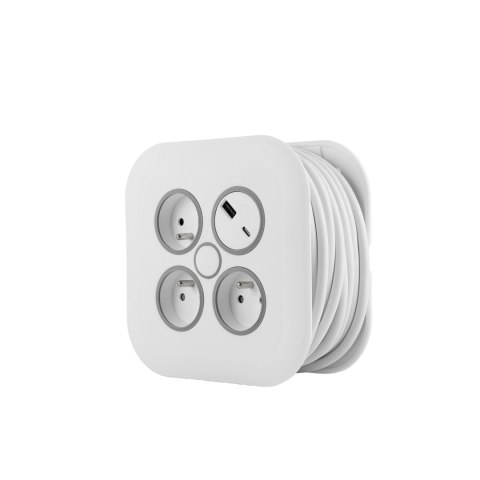 Przedłużacz zwijany 10m 3x1mm2, 10a, z zabezpieczeniem termicznym, 3xgniazdo wtyczkowe, 1xusb-c, 1xusb-a