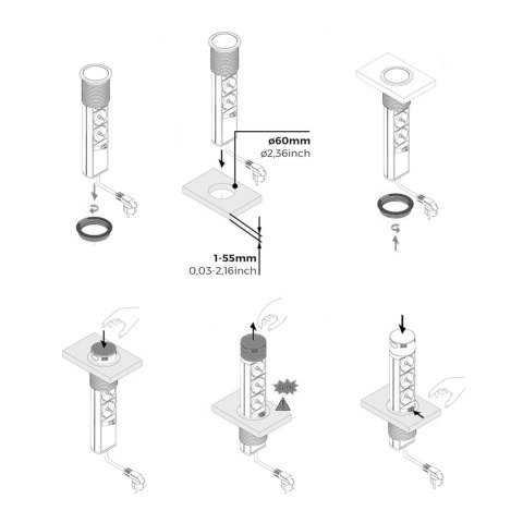 Gniazdo meblowe do zabudowy, 3 złącza wtyczkowe , 2 złącza usb a, schuko
