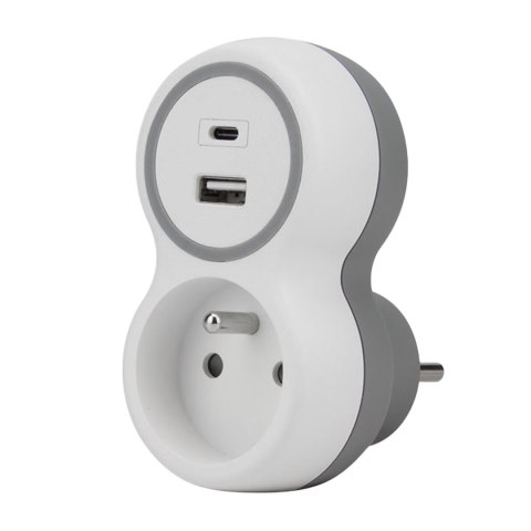 Rozgałęźnik jednokrotny, 1x gniazdo wtyczkowe z uziemieniem, 1xgniazdo usb a, 1xgniazdo usb c