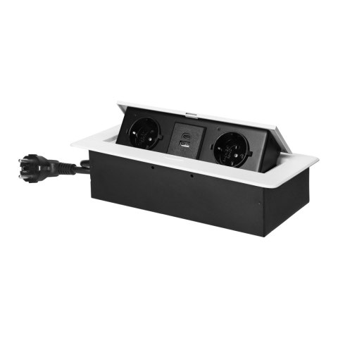 Gniazdo meblowe wpuszczane w blat z płaskim frezowanym rantem, ładowarką USB i przewodem 1,5m, 2x2P+Z (Schuko), 2xUSB (typ A+C; 